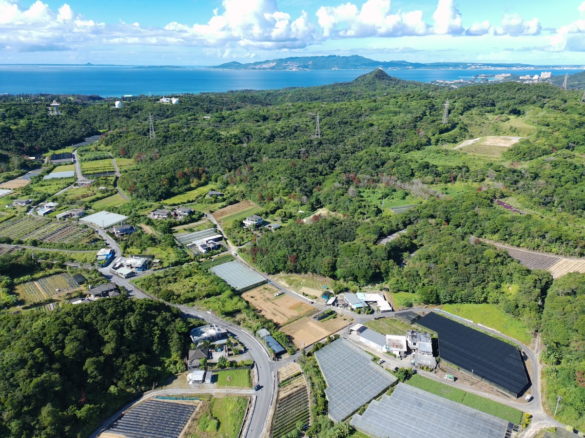 Aerial footage over varied terrain
